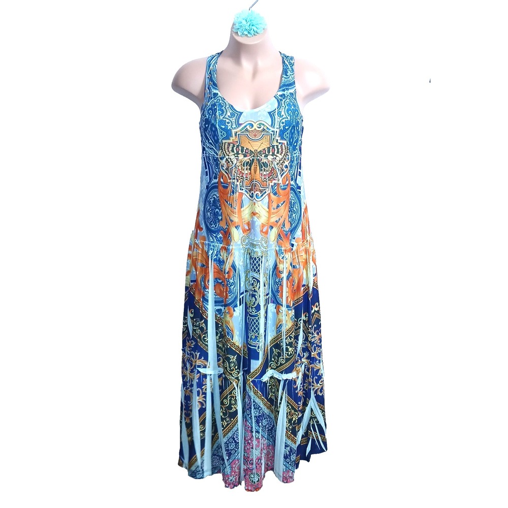 One World Women Tiered Racerback Maxi Dress Small Blue Orange Butterfly Novelty